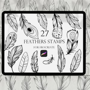 May include: A digital tablet screen displaying 27 black and white feather stamps for Procreate. The text "27 Feathers Stamps for Procreate" is displayed on the screen.