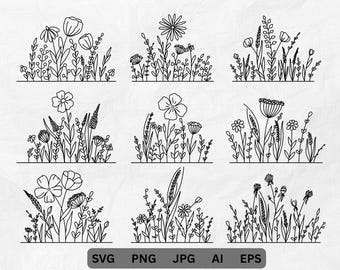 以下が含まれることがあります： 9つの白黒の花のイラスト。各デザインは、さまざまな形とサイズの、花と葉の異なる配置を示しています。デザインは黒でアウトラインされ、白い背景に配置されています。画像の下部には、ファイルタイプの略語が含まれています：SVG、PNG、JPG、AI、EPS。
