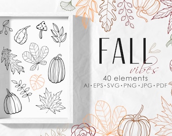 Pumpkins svg, Fall leaves svg, Autumn svg, Halloween svg, Autumn leaves, digital design, Leaves bundle svg, Thanksgiving cut file, line art