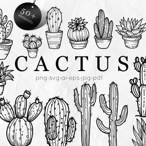 Paquete SVG de cactus / Imágenes prediseñadas de plantas del desierto / Archivos de corte de cactus de arte lineal para Cricut Silhouette / SVG de contorno suculento para impresión láser