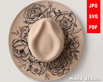 Floral Hat Burning Design SVG | Hand-Drawn Pyrography Peonies Pattern for Hats | Hat Laser Engraving Stencil
