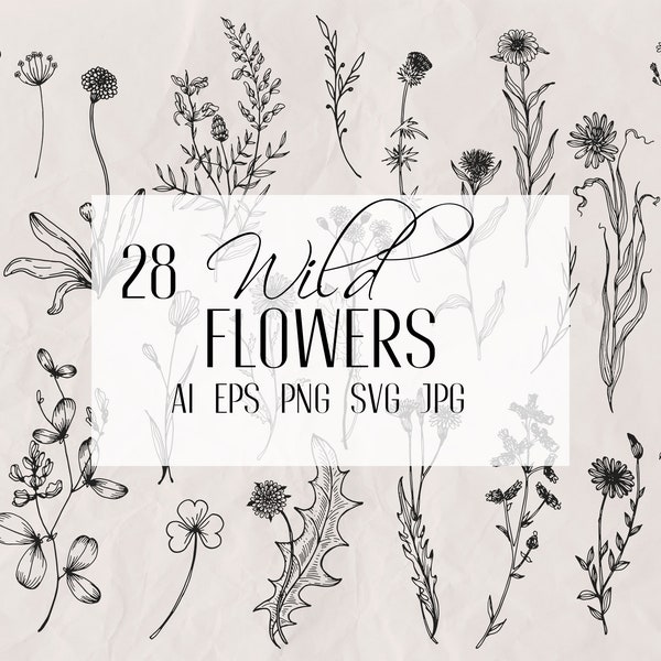 Wildflowers SVG, wildflower SVG Bundle, Floral SVG, Line art svg, Botanical vector clipart, flowers svg, linear flowers, svg files