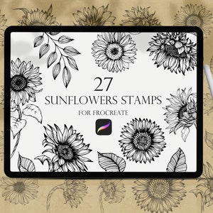 Girasoles Procrear Sellos, Pinceles de girasoles procrear, Sellos de Flores, Juego de Pinceles Procreado, Line art floral Procreate, Sellos Botánicos,