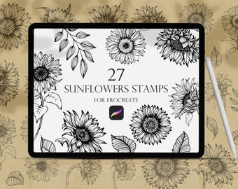 Sunflowers Procreate Stamps, Sunflowers brushes procreate, Flower Stamps, Procreate Brushset, Line art floral Procreate, Botanical Stamps,