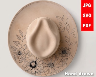 Floral Hat Burning Design SVG | Hand-Drawn Pyrography Daisy Sunflowers Pattern for Hats | Hat Laser Engraving Stencil