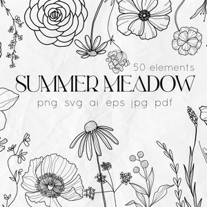 Flores SVG, flores silvestres SVG, arte de linha svg, ervas hastes PNG, flores Doodle, clipart de flores, faça você mesmo, flores vintage, botânica desenhada à mão svg