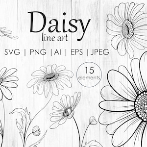 Daisy SVG, PNG Daisy Clipart, Fleurs imprimables, Daisy d’art de ligne, Fleurs svg, png floral, art botanique de ligne, DIY, fleurs vectorielles, fichiers Eps