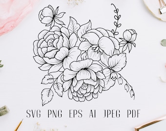 SVG Flowers, SVG bouquet, floral arrangement svg, line art flowers, peony svg, floral composition svg, roses clipart, botanical clipart