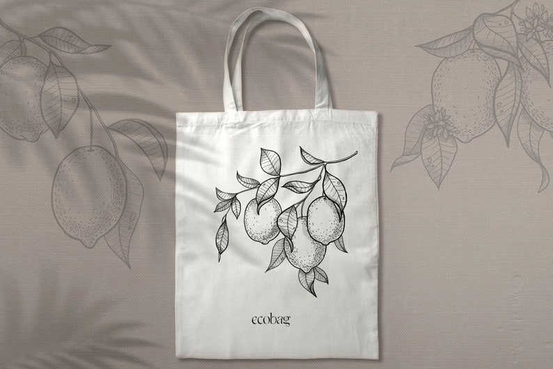 Pu&ograve; includere: Borsa tote bianca con un disegno a linea nera di un ramo di limone con foglie e frutti. Il testo "ecobag" &egrave; stampato in nero nella parte inferiore della borsa.