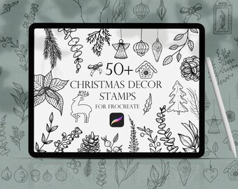 May include: A digital tablet screen displaying a collection of 50+ Christmas decor stamps for Procreate. The stamps feature a variety of festive designs, including reindeer, Christmas trees, ornaments, and wreaths.