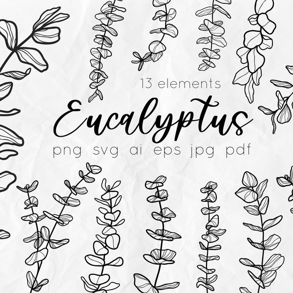Eucalyptus SVG - Eucalyptus Line Art SVG - Leaves SVG - Wedding flowers clipart - Botany svg - Foliage line art - leaf svg - Floral clipart