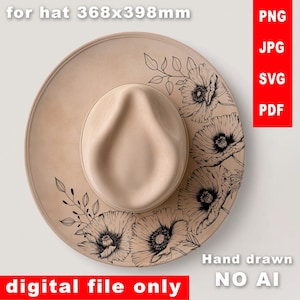 May include: A tan fedora-style hat with a wide brim, featuring a floral design in black ink. The hat has the text "for hat 368x398mm", "Hand drawn", "NO AI", and "digital file only".