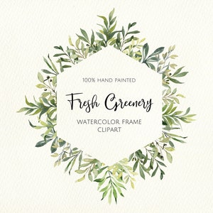 Watercolor Hand painted Greenery Frame. Digital Clipart. Instant Download. Wedding Clipart. Green Leaves Frame. PNG file. Digital Watercolor
