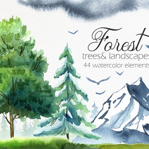 Clipart de forêt de montagnes d'aquarelle - clipart de forêt, aquarelle d'arbres de pin, aquarelle de paysage, invitations de montagnes boisées d'aquarelle