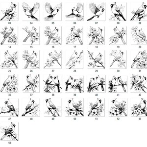 Puede incluir: Una colecci&oacute;n de 58 ilustraciones en blanco y negro de cardenales en varias poses, algunas posadas en ramas con flores. Las im&aacute;genes cuadradas son detalladas y est&aacute;n numeradas del 01 al 58. Adecuado para impresiones art&iacute;sticas o elementos decorativos.