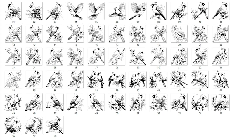 Puede incluir: Una colecci&oacute;n de 58 ilustraciones en blanco y negro de cardenales en varias poses, algunas posadas en ramas con flores. Las im&aacute;genes cuadradas son detalladas y est&aacute;n numeradas del 01 al 58. Adecuado para impresiones art&iacute;sticas o elementos decorativos.
