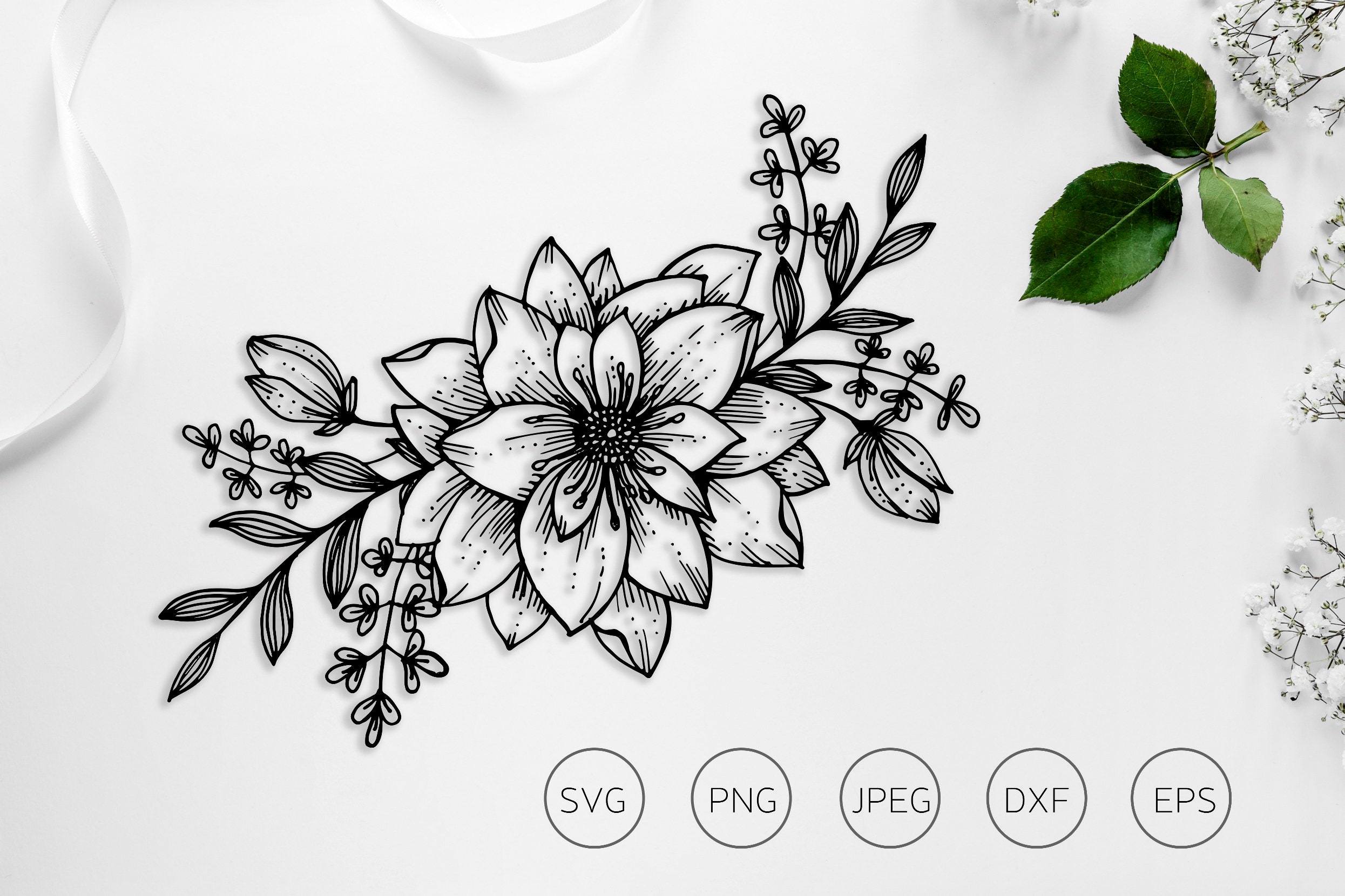 Flowers Svg Hand Drawn Outline Flowers Png Printable Etsy