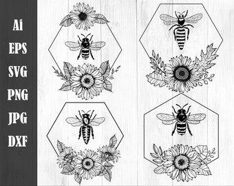 Bee Frames SVG Bundle - Bee SVG - Sunflowers SVG - Sunflowers Frames svg - Bee line art - Bee & Sunflowers - Svg Bundle - Flowers svg wreath