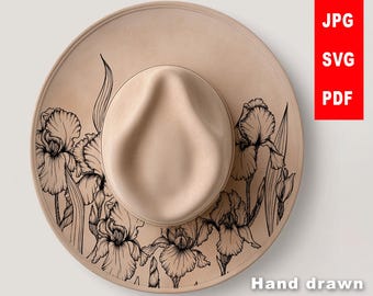 Floral Hat Burning Design SVG | Hand-Drawn Pyrography Sunflowers Pattern for Hats | Hat Laser Engraving Stencil | Irises Hat