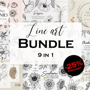 Bundle fleurs dessin au trait svg, png svg tournesols, Noël svg, svg coquelicot, clipart tropical, fleurs linéaires, fleurs sauvages, clipart botanique