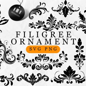 May include: Black filigree ornament designs in various shapes, including floral and scroll elements. The image includes the text "FILIGREE ORNAMENT SVG PNG" and a tag that says "181 elements".