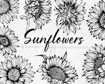 Sunflowers line art SVG, Outline sunflowers SVG, floral svg, Sunflowers clipart, Sunflower PNG, floral clipart, linear flowers, svg files,