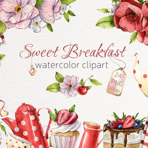 Tea Party Aquarell Clipart. Kuchen, Teekannen, Tassen, Blumen, Etiketten. Png Küchensachen. Einladung, Menüvorlage. High Tea DIY. Teestunde