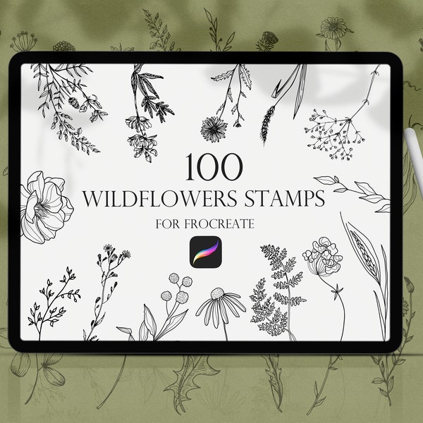 Wildflowers Procreate Stamps, Wildflowers brushes procreate, Flower Stamps, Procreate Brushset, Line art floral Procreate, Botanical Stamps,