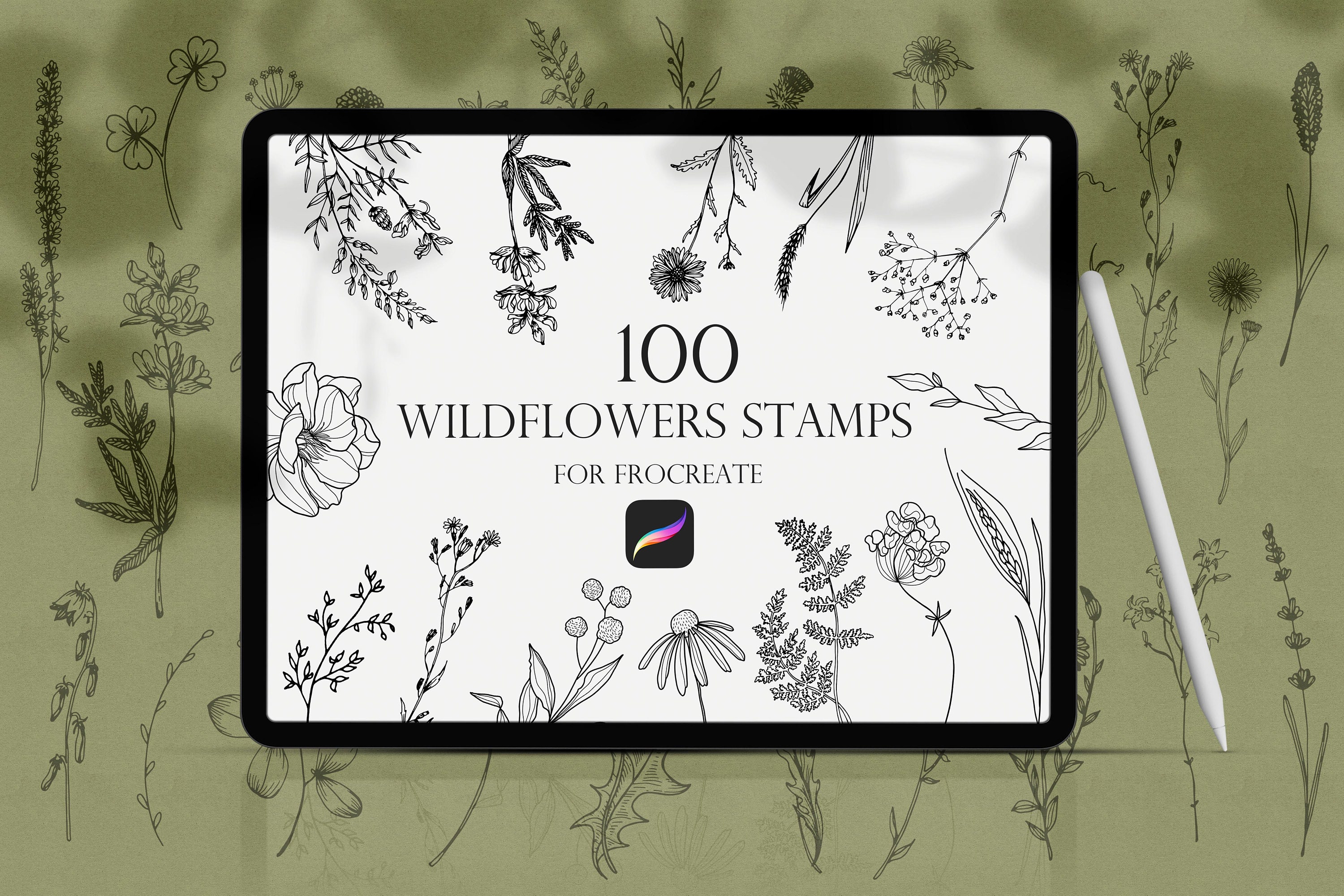 Set de sellos para Procreate Wildflowers – 100 sellos florales de línea botánica para Procreate