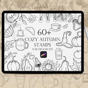 May include: A digital tablet screen displaying a collection of 60+ black and white illustrations of autumn themed stamps for Procreate. The illustrations include pumpkins, leaves, teacups, and more.