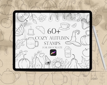 Autumn Procreate Stamps Bundle: Cozy Fall Leaves, Pumpkins, Nature Stamps, Line Art Autumn Stamps, Woodland Stamps