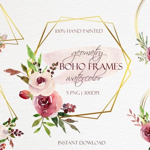 Watercolor Boho Floral Geometric Frames Clipart. Burgundy Flowers Wreath. Gold Geometry Frame Watercolor Roses. PNG. Wedding Frame Clipart