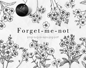 Flowers SVG, Hand drawn Forget-me-not SVG, Forget me not flowers PNG, Wildflowers svg, Doodle Flowers, Flowers Clip Art,  Line Drawing svg