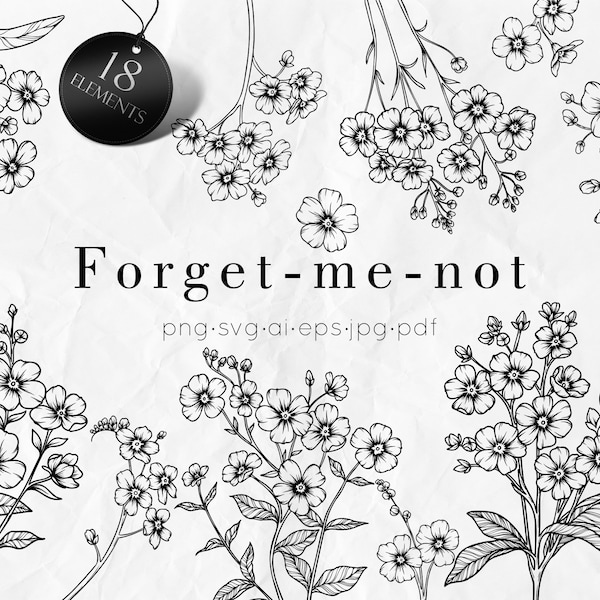 Flowers SVG, Hand drawn Forget-me-not SVG, Forget me not flowers PNG, Wildflowers svg, Doodle Flowers, Flowers Clip Art,  Line Drawing svg