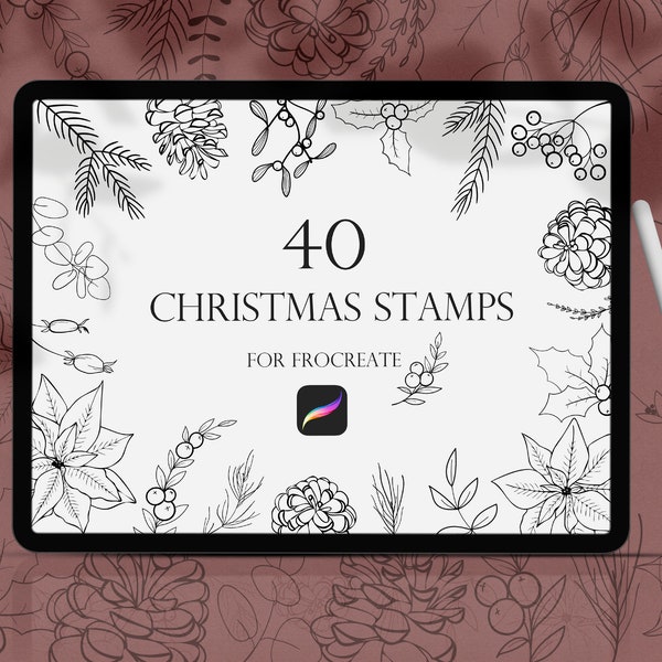 Christmas Procreate Stamps, Christmas brushes procreate, Flower Stamps, Procreate Brushset, Line art floral Procreate, Botanical Stamps,