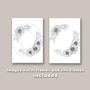 Pode incluir: Dois cart&otilde;es brancos com desenhos florais. Um cart&atilde;o apresenta a letra "O" delineada em azul, adornada com margaridas e folhas. O segundo cart&atilde;o tem a forma de um "C" com elementos florais semelhantes. O texto na parte inferior diz "Images &laquo;with frame&raquo; and &laquo;no frame&raquo; included."