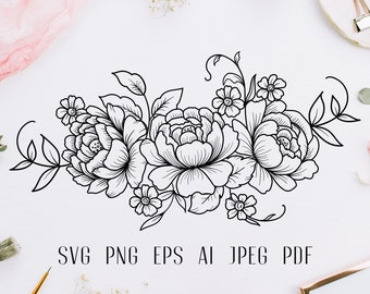 May include: Black and white line art illustration of a floral bouquet with peonies and smaller flowers. The bouquet is arranged in a horizontal line.