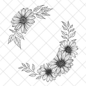 Pode incluir: Design de coroa floral em preto e branco com margaridas detalhadas e ramos com folhas. A ilustra&ccedil;&atilde;o &eacute; um desenho linear, perfeito para convites, cart&otilde;es ou outros projetos de artesanato. O design est&aacute; em um fundo branco com padr&atilde;o de diamante.