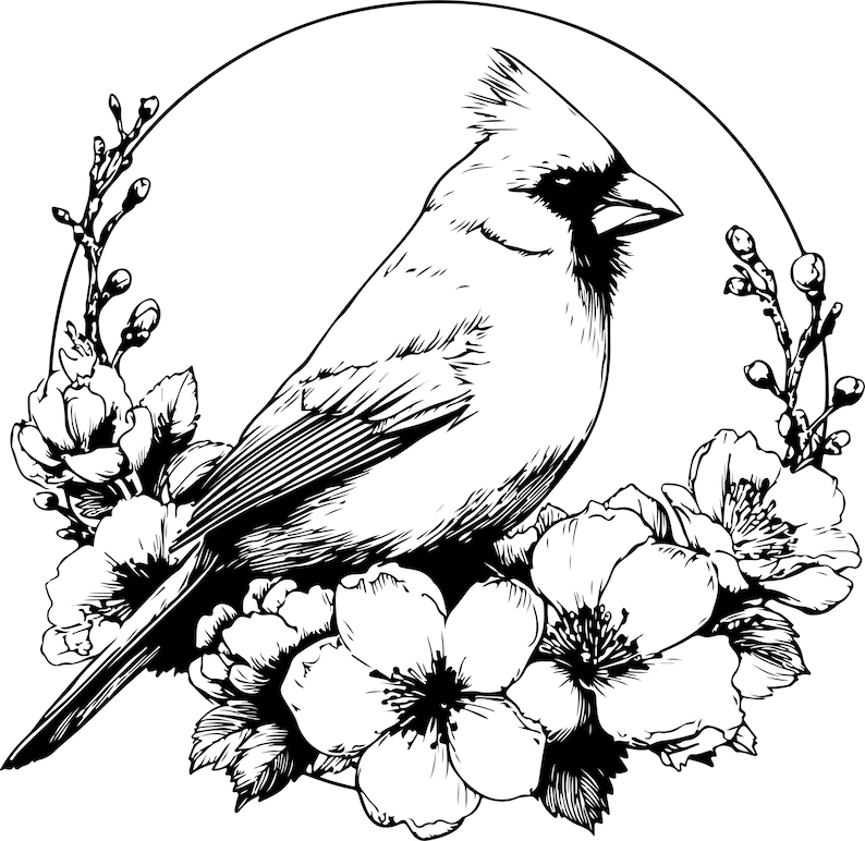 Puede incluir: Ilustraci&oacute;n en blanco y negro de un cardenal posado sobre flores. El ave est&aacute; rodeada por un marco circular y elementos florales, creando un dise&ntilde;o detallado y art&iacute;stico.