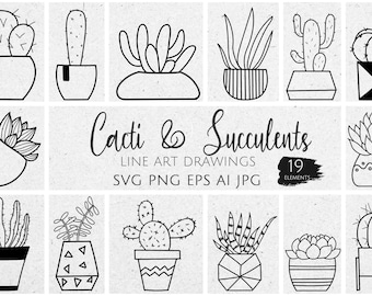 Cacti SVG, Plant SVG, Hand drawn Potted Succulents SVG png, Doodle Succulents, bundle svg, Silhouette, Line Drawing svg, diy, Houseplants