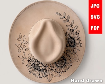 Floral Hat Burning Design SVG | Hand-Drawn Pyrography Sunflowers Pattern for Hats | Hat Laser Engraving Stencil