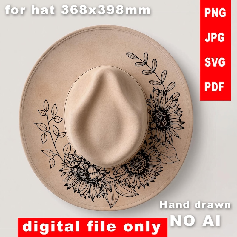 Może przedstawiać: Beżowy kapelusz typu fedora z szerokim rondem, ozdobiony czarnym kwiatowym wzorem słonecznik&oacute;w i liści. Widoczny jest tekst "digital file only" i "Hand drawn NO AI". Kapelusz jest plikiem cyfrowym.