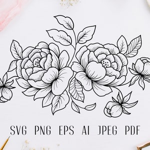 Composición floral svg line art Rosas svg Flores svg Sublimación floral Peonía svg Ramo svg Boda svg diseño Cut file Clipart floral