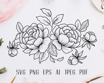 Floral composition svg line art Roses svg Flowers svg Floral sublimation Peony svg Bouquet svg Wedding svg design Cut file Floral clipart