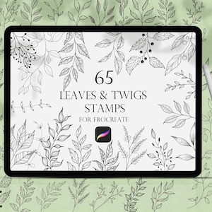 May include: A digital tablet displaying 65 black and white leaf and twig illustrations for use as stamps in the Procreate app. The text "65 Leaves & Twigs Stamps for Procreate" is displayed on the screen.