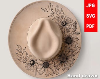 Floral Hat Burning Design SVG | Hand-Drawn Pyrography Daisy Sunflowers Pattern for Hats | Hat Laser Engraving Stencil