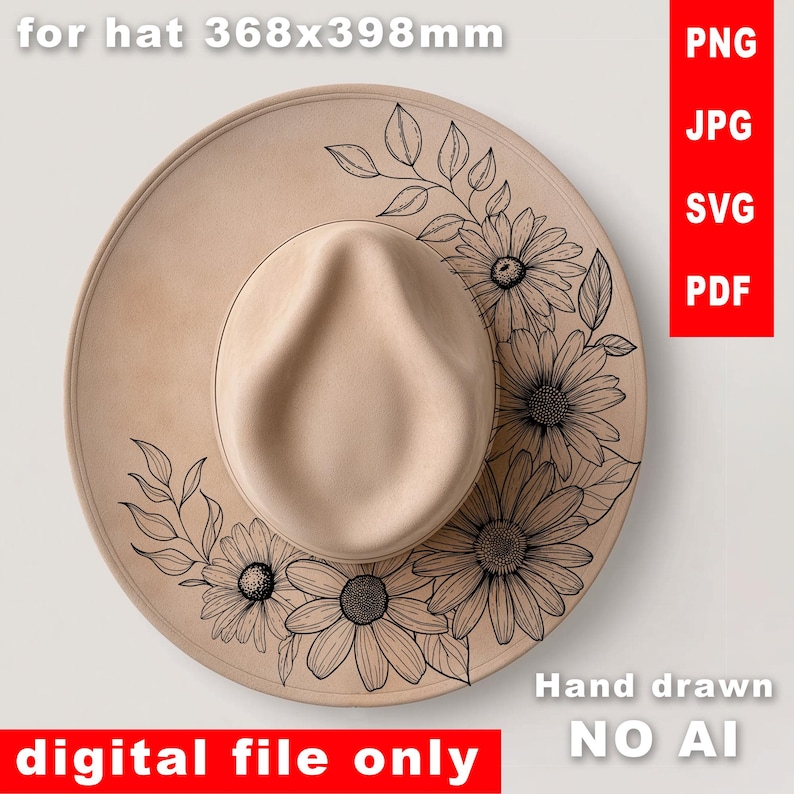 Floral Hat Burning Design SVG | Hand-drawn Pyrography Daisy Sunflowers ...