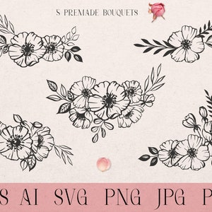 Flowers svg, floral arrangements svg, bouquet svg, flower svg, floral sublimation svg, botanical illustration, line art drawing, wedding diy