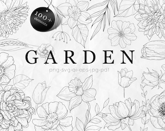 Garden Flowers SVG Bundle - Line Art Floral Illustration - Plant SVG Clipart - Doodle flowers