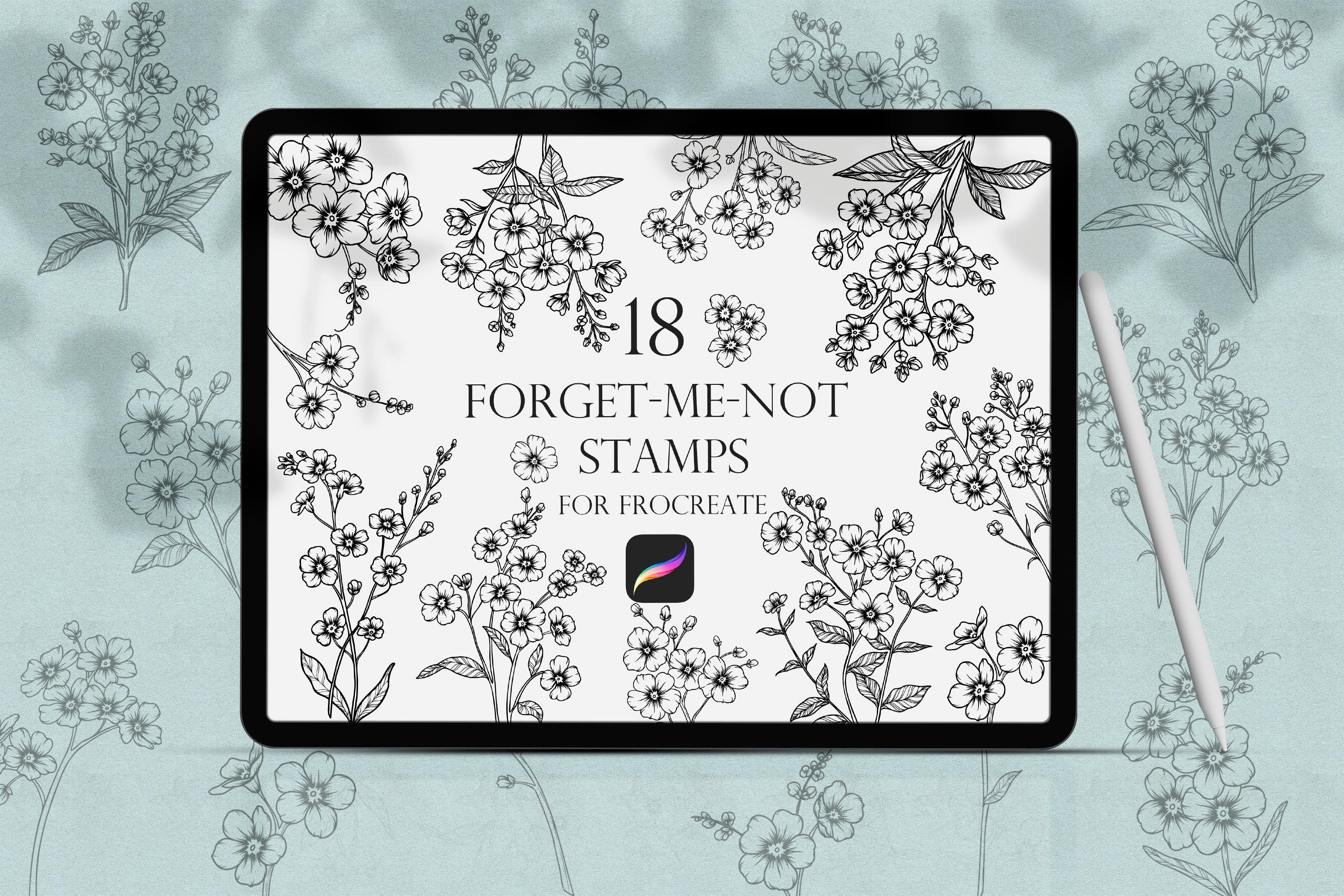 Sellos y Pinceles de Procreate Nomeolvides | Line Art Floral Set de Brochas Botánicas